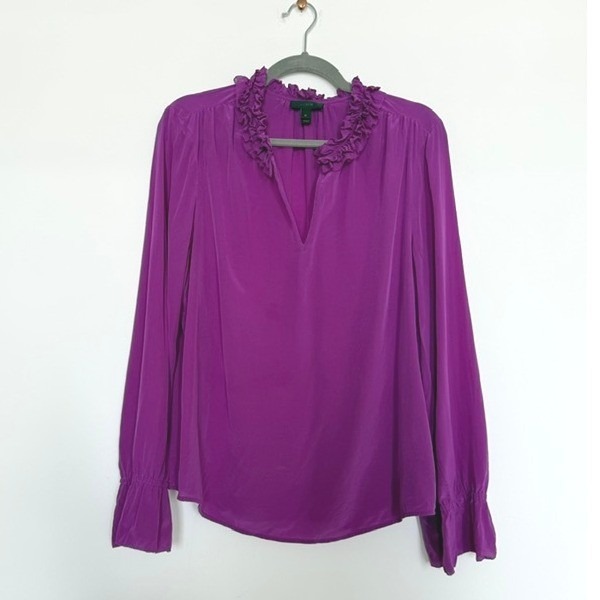 J.Crew Purple Silk Ruffle Neck Blouse 12 | Feminine 100% Silk Top $148